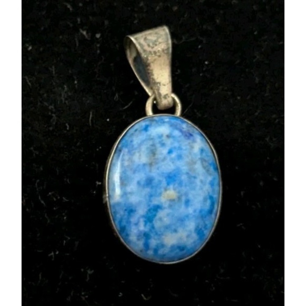 Lapis Lauli Blue Stone Sterling Silver 925 Oval Pendant Necklace Charm EUC